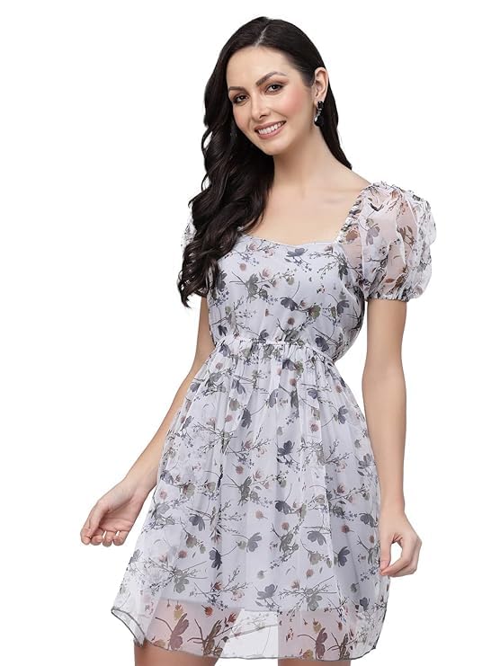 Image of Women Floral Organza Skater Dress Fit & Flare Short Dress Knee Length,Sizes S-XXL