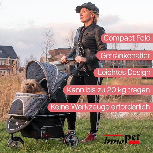 Hundebuggy Katzenbuggy für Reisen Innopet Allure Onyx -stilvoller Katzenbuggy 360° Schwenkrad vorne einhändig faltbar mit Aufbewahrungskorb 2 Sicherheitsleinen pannensichere Räder Haustierwagen