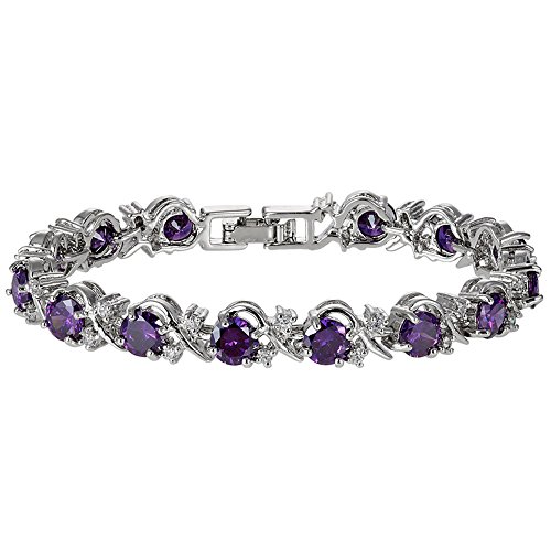 Rizilia Blossom Round Simulated Purple Amethyst And White Cubic Zirconia 18K White Gold Plated Tennis Bracelet, 7" #TOP1