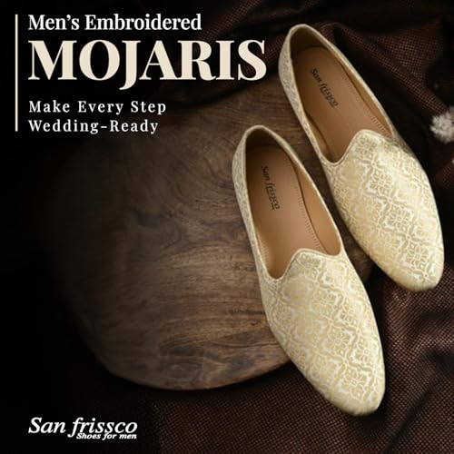 Image of San Frissco Men's Embroidered Mojaris Casual Slip-On Shoes | Soft Cushioned Footbed Insole with TPR Sole | Stylish Lightweight Jutti Perfect for Party Weddings Festive Season