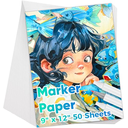 Marker Paper 9' x 12', 50 Sheets 73lb/120gsm Alcohol Marker Paper, Smooth Painting Coloring Loose Drawing Paper, Art Supplies for Kids Adults Teacher Marker Pad Sketchbook, Classroom Must Have