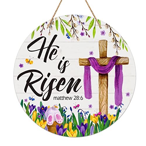 FaCraft He is Risen Decor Sign Easter Wreath for Front Door Religious Cross Door Decoration Farmhouse Floral Hanger for Home Porch Wall Spring Indoor Outdoor Decor Party