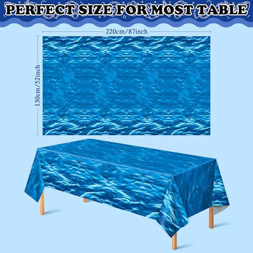 Image of OHOME 2 Pack Beach Party Decorations - Ocean Waves Plastic Tablecloth for Pool Party Decorations - Sea Water Print Table Cover for Summer Birthday Beach Theme Blue Backdrop Banner