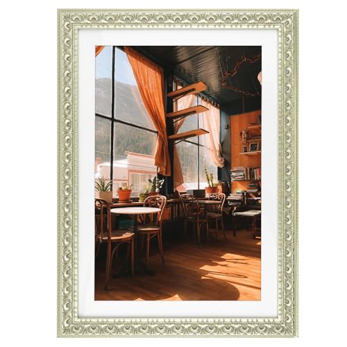 Golden State Art, 13X19 Ornate Finish Photo Frame with White Mat for 11X17 Picture & Real Glass, Color: Silver Beige