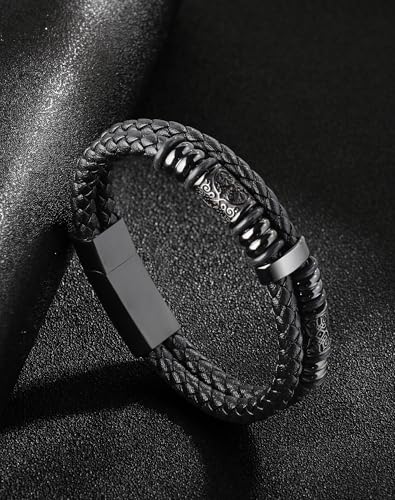 Mens Cuff Viking Bracelet - Celtic Knot and Compass 316L Stainless Steel Leather Bracelets for Men - Double Row Punk Jewelry4