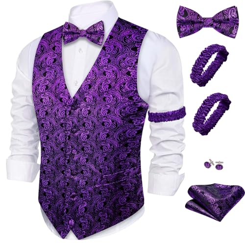 Barry.Wang Mens Purple Paisley Vests Formal Waistcoat Bowtie Set Hanky Cufflinks Armband Wedding Party Tuxedo Vest 6PCS
