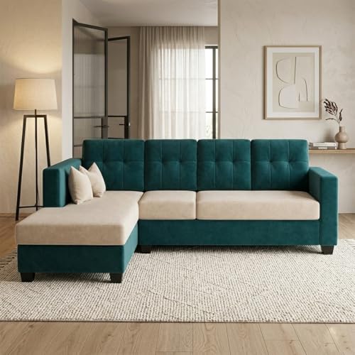 Image of FURNY Nathan 5 Seater L Shape Sofa Set LHS (Green Teal-Cream) | Suede Velvet Finish | Durable Comfort Sofa for Modern Living Room & Office Spaces