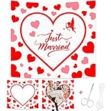 HOWAF Hochzeitsherz zum Ausschneiden für Brautpaar, Herzmotiv Just Married Hochzeitslaken zum Durchschreiten für Hochzeitsspiele Hochzeit Fotobox Requisiten, Herzlaken 180x200cm mit Scheren Schnur