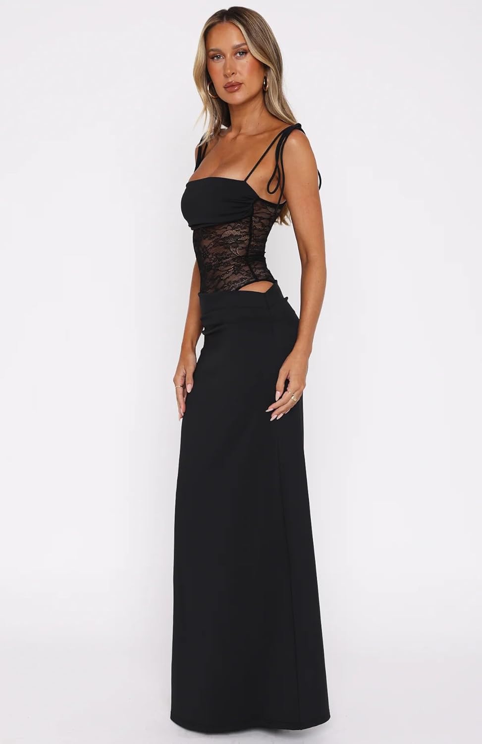 Women's Lace Splicing Cutout Maxi Dress Square Neck Sleeveless Bodycon Sheer Corset Elegant Wedding Guest Dress - Image 2