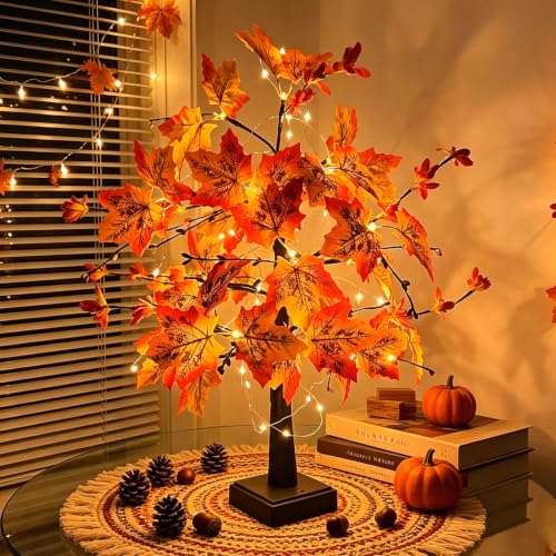 Herbstdeko Lichterbaum Für Innen mit Lichterketten und 24 LEDs, Ahornblatt Baum Lichter Herbst Deko Beleuchtung mit Timer und Für Tisch… – Ansicht 5