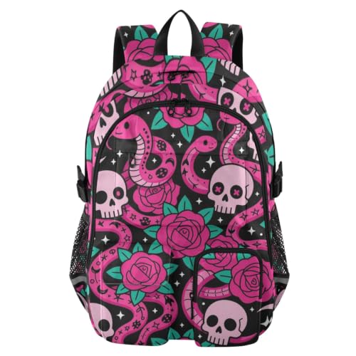 Mochila de viaje grande gótica con diseño de calavera, serpiente y rosas para la escuela