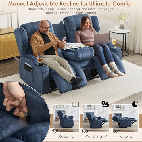 Image of SAMERY 67.6 inch Loveseat Recliner Sofa | Double Recliner Sofa & Console | Wall Hugger Loveseat Reclining RV Theater Seats | RV Couch Home Theater Seating Furniture (Velvet Blue)