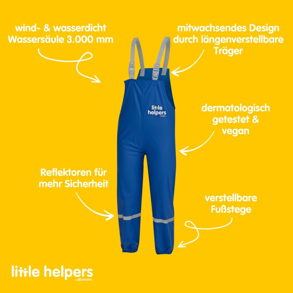 Gebol Kinder Regenhose wasserdicht mit Hosenträgern – leichte robuste Outdoor Regenhose mit Reflektoren für Mädchen & Jungen – Matschhose „Little Helpers”