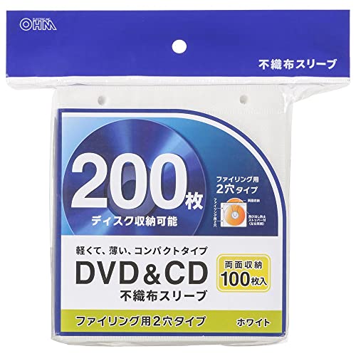 Ohm Electric OA-RCD200-W 01-7203 OHM DVD & CD Non-Woven Sleeves, Double-Sided Storage Type, 100 Pieces, White
