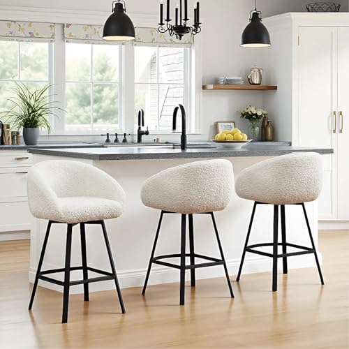 Image of Zesthouse White Swivel Counter Stool, Barrel Counter Height Barstool for Kitchen Island, 26'' Modern Kitchen Counter Stool with Arms & Back, Upholstered Sherpa Fabirc Bar Chair with Legs