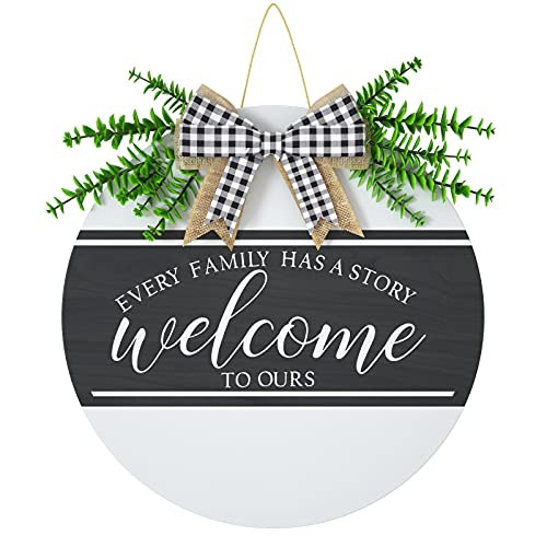 Welcome Sign for Front Door 12x12 Inch, ZUEXT Rustic Welcome To Ours Wooden Sign for All Seasons Wall Home Decor, Black & White Farmhouse Wood Welcome Door Hanger w/ Artificial Eucalyptus