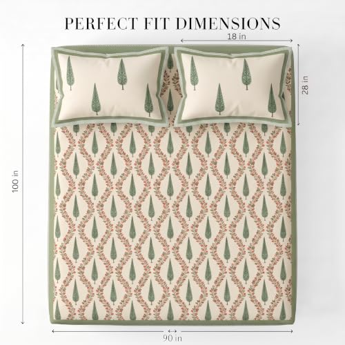Image of BSB HOME 240 TC Cotton Feel Double Bedsheet with 2 Pillow Covers, Premium Soft Breathable Bed Sheet Set, Fade Resistant, All-Season, Easy Care, 90 x 100 Inches (228 x 254 cm) - Ivory & Olive Green