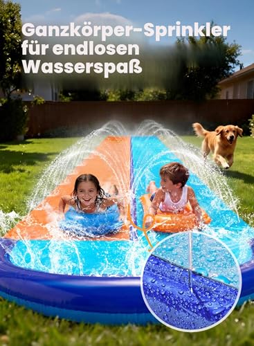 Sloosh 32,5 FT / 990,6 cm Doppel-Wasserrutsche, Rasenrutsche mit Sprinkler und 2 aufblasbaren Gleitmatten, für Garten, Hof und Rasen, Sommer-Wasserspielzeug für Kinder und Erwachsene