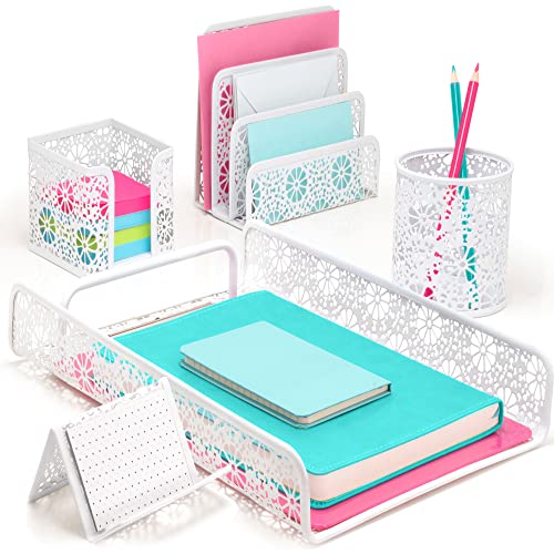 Boho Floral Desk Organizer Set - 5 Piece White Accessories for Stylish Office Organization - Cute Dorm Essentials, Teacher Desktop Organizer