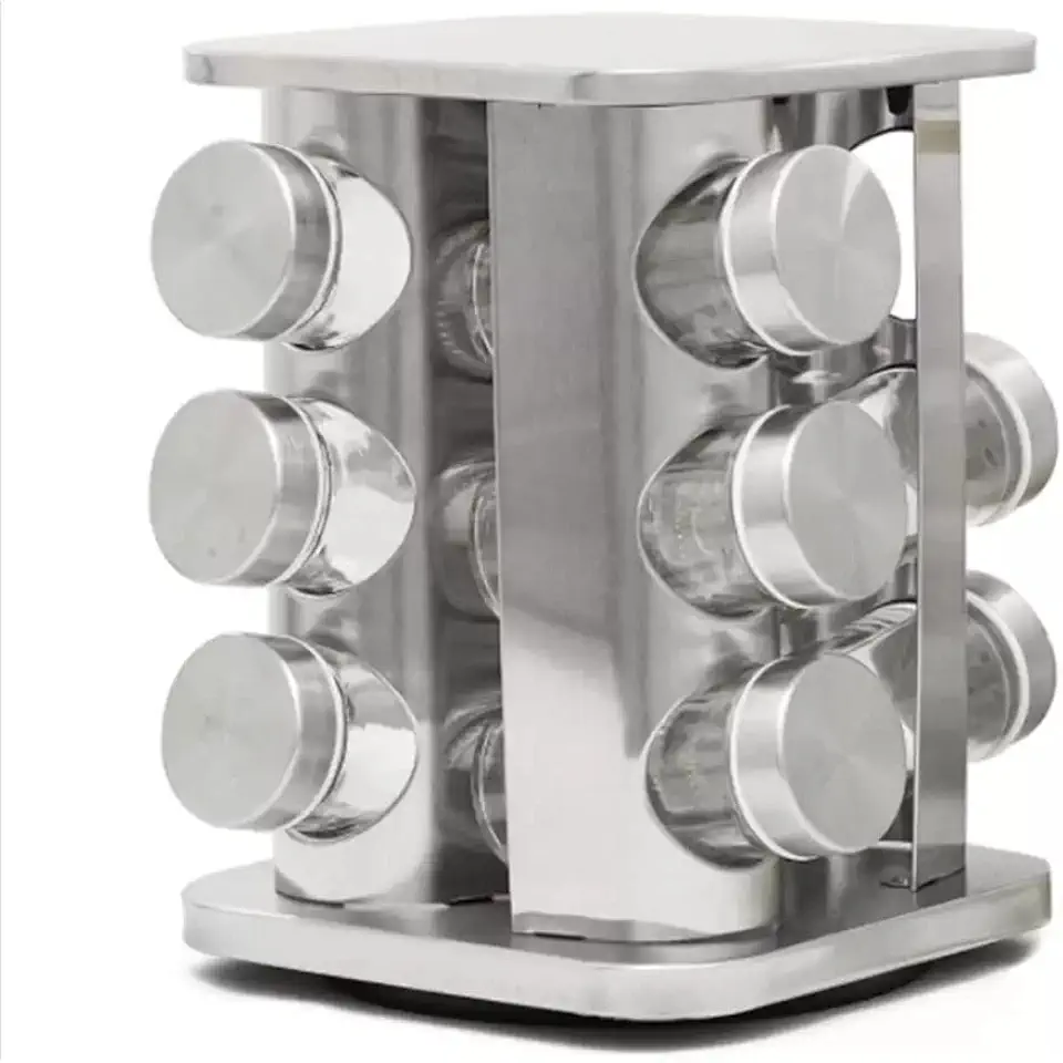 Porta Condimentos Giratório Inox Quadrado 12 Potes Vidro- ZHEN KANG