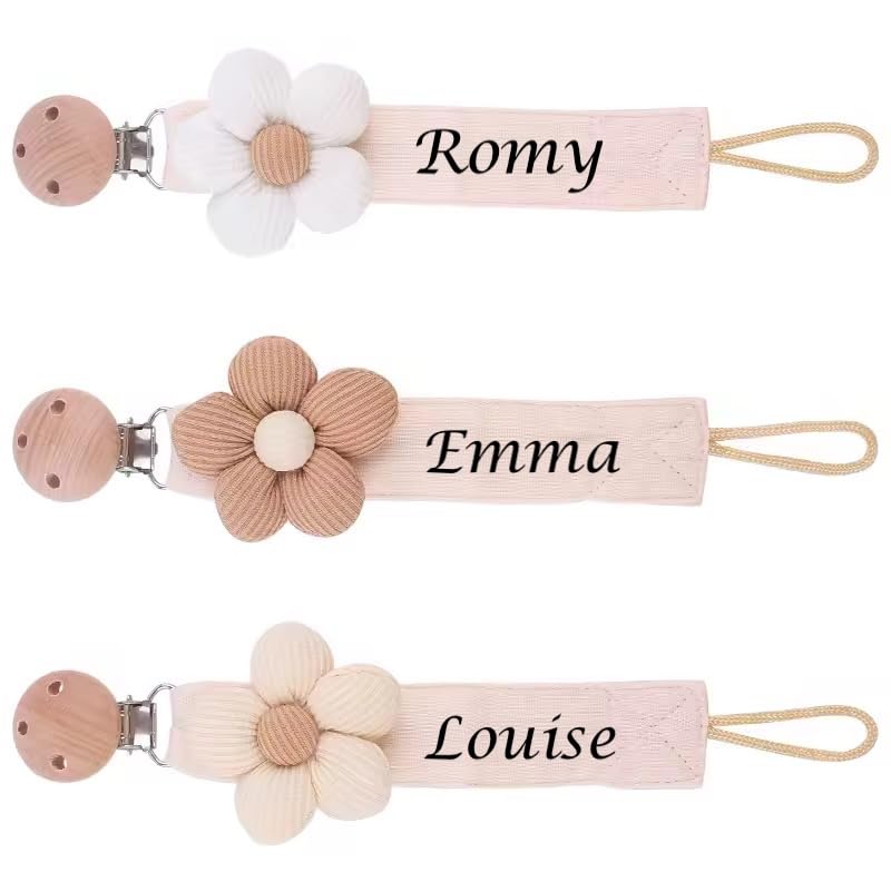 attache tétine personnalisé prénom fille garçon- en gaze coton tissu rose- attache tétine avec fleurs- cadeau nouveau né personnalisé