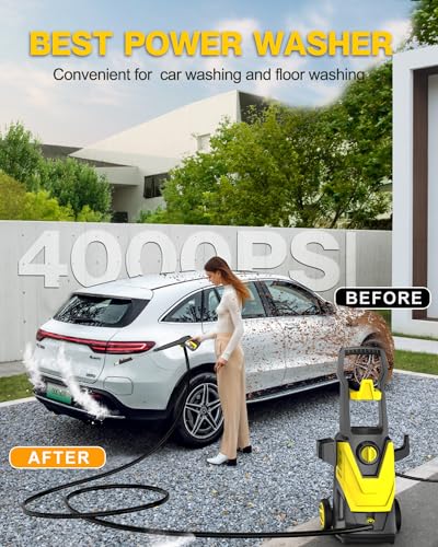 AgiiMan Electric Pressure Washer, 4000PSI Max 2.8 GPM Power Washer Electric Powered with 20FT Hose, 4 Nozzles, Foam Cannon, High Pressure Cleaner Machine for Cars,Patios,Furniture,Driveways, Yellow