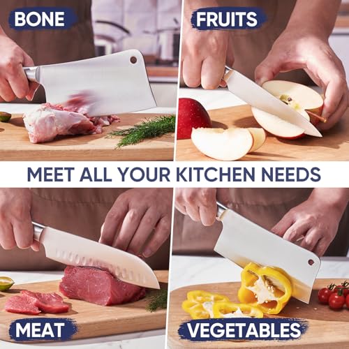 Image of Topfeel Butcher Knife Meat Cleaver Set 3Pcs-7 inch Heavy Duty Bone Chopper& 7 inch Santoku Knife& 5 inch Utility Knife, German Stainless Steel Chef Knives Set for Kitchen Home Gift