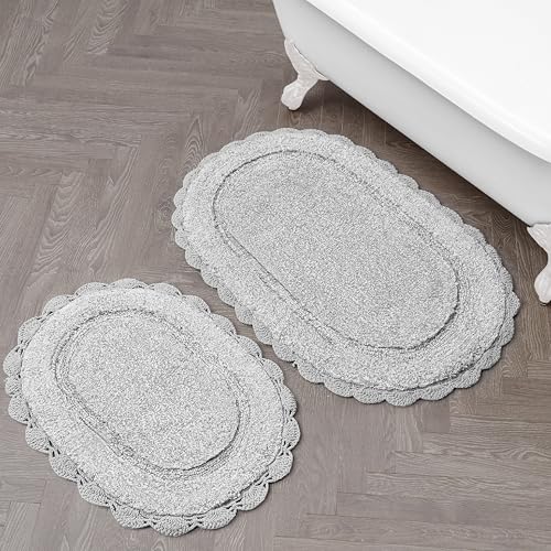 Laura Ashley Eloise 100% Cotton Oval Bath Mat 2-Piece Set with Crochet Border, Soft & Absorbent, Glacier Grey 17" x 24"/20" x 32" Bathroom Rugs