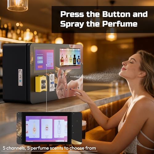 Image of Perfume Vending Machine, Wall Mounted Perfume Sprays Fragrance Dispenser with 5 Channels and Touch Screen, Coin Operated and Credit Card Payments, Suitable for Hotels, Malls, Bars