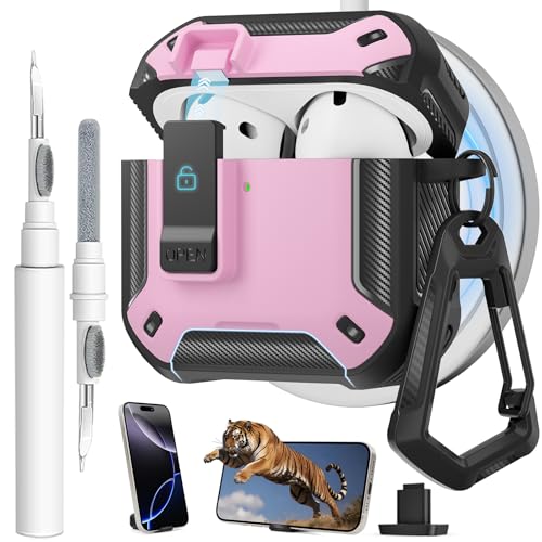 Image of for AirPods 4 Case with Magnetic Secure Lock Clip and Phone Stand, Compatible with Magsafe Charging, with Carabiner&Cleaner kit for Apple iPod 4th Generation Cover(2024) Men Women (Pink)