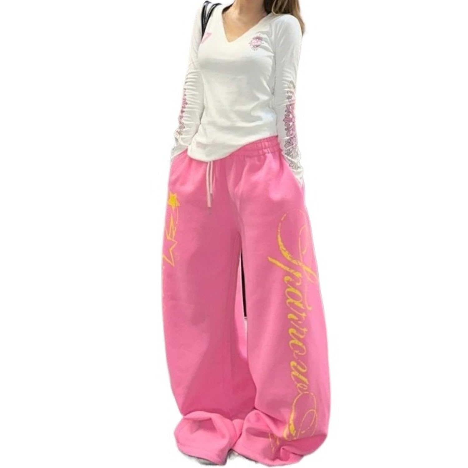 Pink Star Pant Graphic Drawstring Wide Leg Elastic Waist Baggy Grunge Vintage Y2K Trendy Fall Pants
