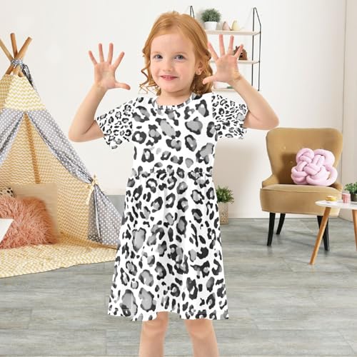 Toddler Girls Dress Short Sleeve A Line Kids Summer Sundress with Black Grey Leopard Spots Print UPF50+ Quick Dry, 2T4
