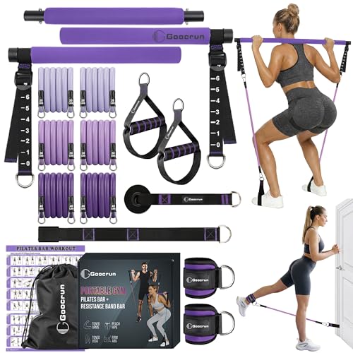 Image of Goocrun Portable Pilates Bar Kit with Resistance Bands for Men and Women - 3 Set Exercise Resistance Bands - Multifunctional Home Gym - Supports Full-Body Workouts - with Fitness Poster and Video