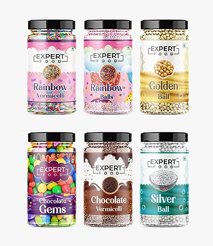 Craving Combo of Vermicelli |Golden + Silver Balls| Gems + Rainbow Balls | 80G EACH Sprinkles (480 g, Pack of 6)