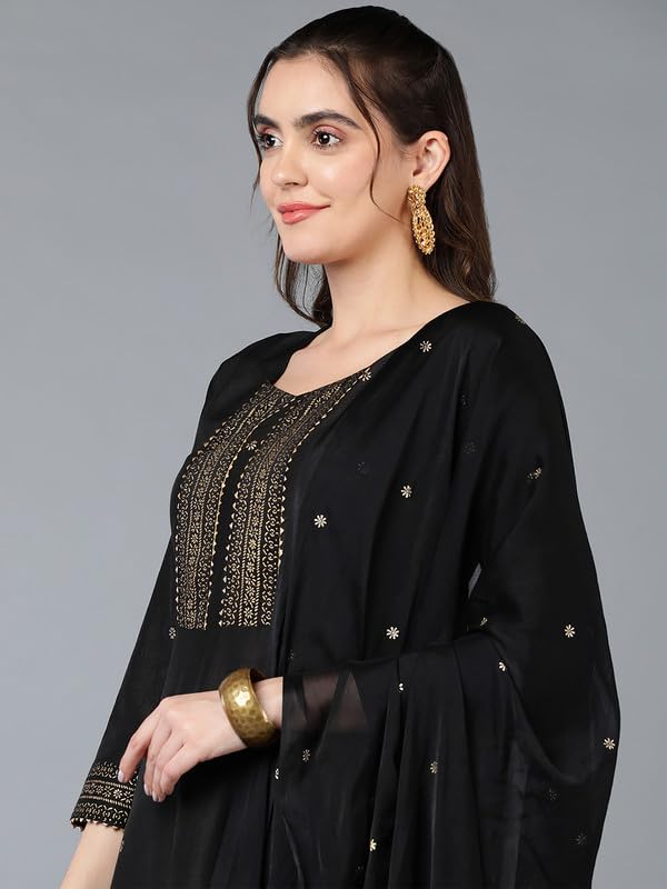 Image of Vaamsi Women's Silk Blend Yoke Design Solid Flared Kurta Pant With Dupatta