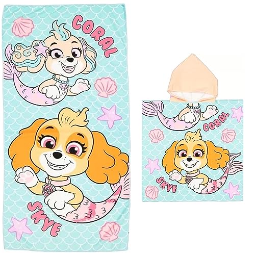 damaloo Toalla de baño de la Patrulla Canina 60 x 120 cm y poncho de baño para niños de 60 x 60 cm, de poliéster, toalla de secado rápido y poncho para bebés con capucha, toalla de baño con capucha