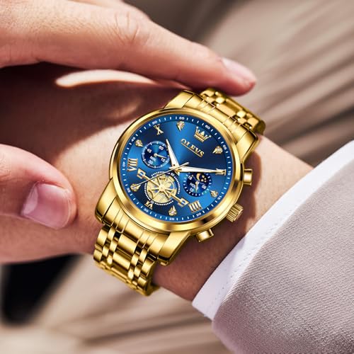 Image of OLEVS Men Watches Stainless Steel Chronograph Watch, Large Wrist Analog Quartz Watch, Fashion Waterproof Diamond Roman Numerals Dress Watches for Men, Gold /Black /White /Blue /Grey Dial
