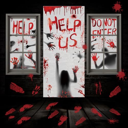 Bloody Halloween Decorations Door Cover Window Posters, Includes 1PCS Halloween Door Cover 2 PCS Halloween Window Posters and 3 Sheet Bloody Footprints Floor Clings for Halloween Decor