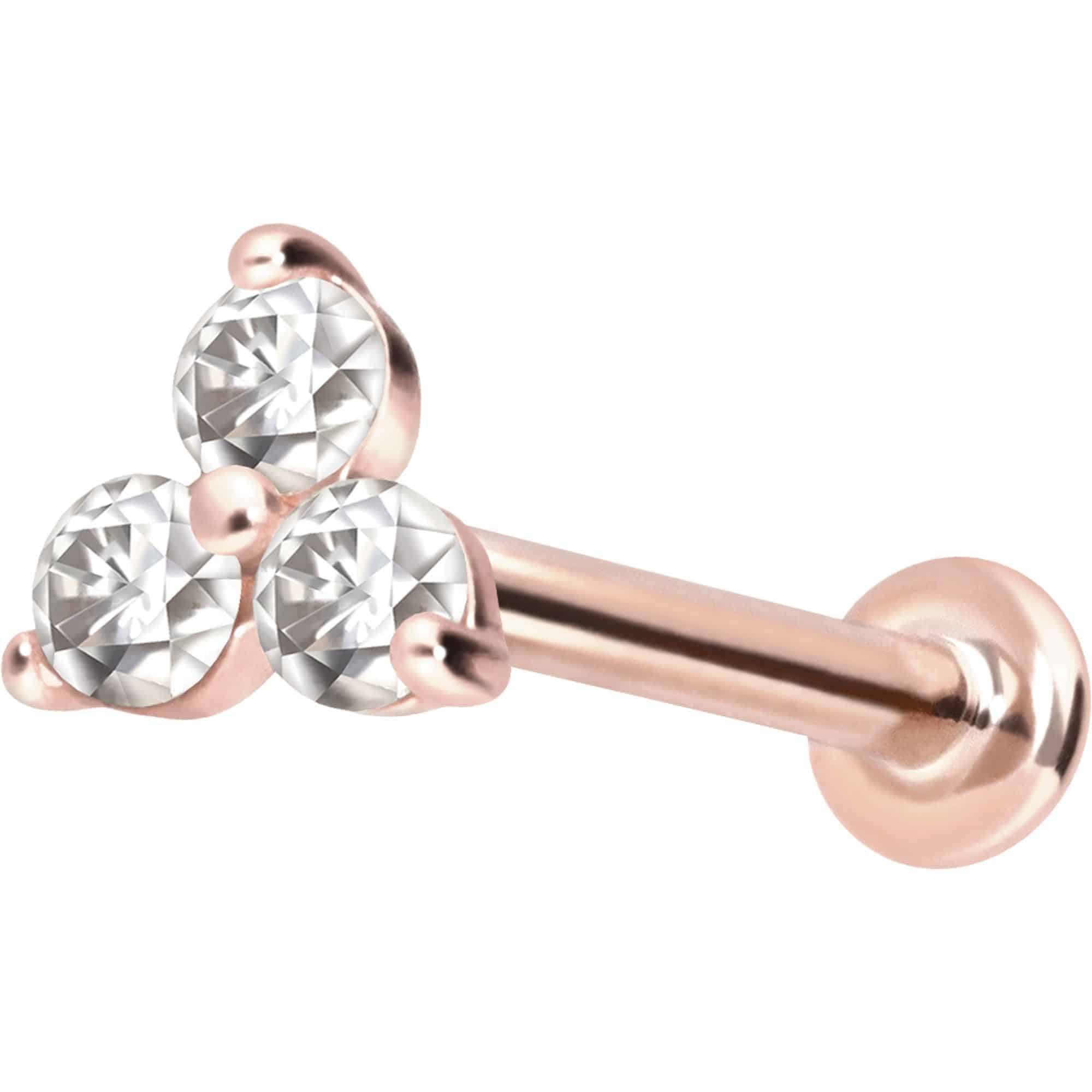 PIERCINGLINE Piercing Stecker 14 Gold Labret mit Innengewinde MOISSANIT-BLUME 585er Gold - Roségoldfarben, Goldfarben, Silberfarben