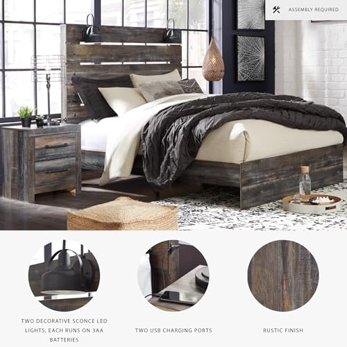 Image of Signature Design by Ashley Drystan King Panel Bed Frame with LED Sconce Lights, USB Power Ports, Engineered Wood and Decorative Laminate, Master Bedroom Setup, Dark Brown & Gray