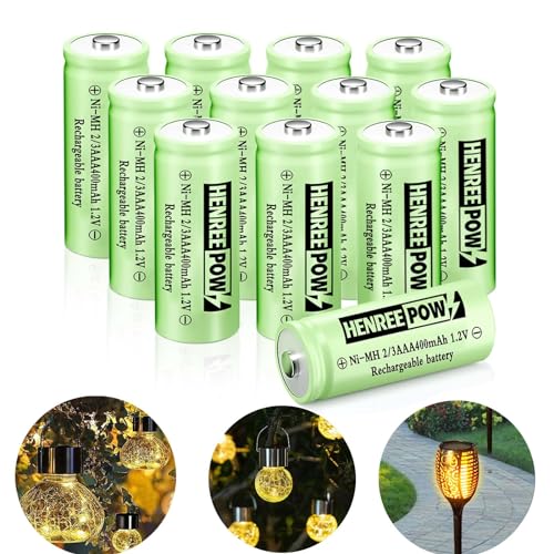 Henreepow Batería solar 2/3AAA, batería Ni-MH de alta capacidad 2/3AAA 400mAh, batería recargable de baja autodescarga 2/3AAA 1.2v para luces solares al aire libre. (2/3AAA 400mAh 12 unidades)