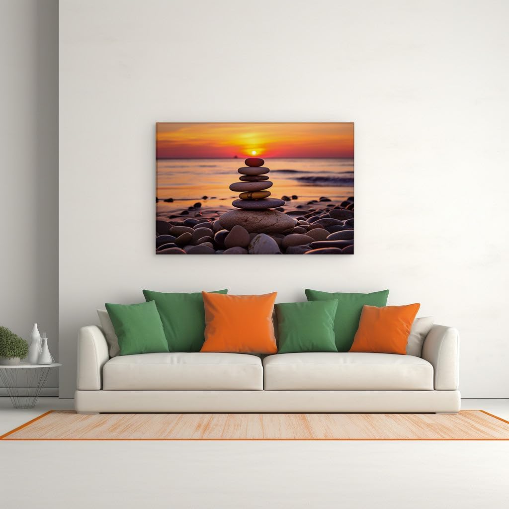 Canvas for Living room. Balancing Serenity: Stacking Stones Against a Sunset Beachscape, 27 x 18 inch Canvas Wall Art - Ready to Hang