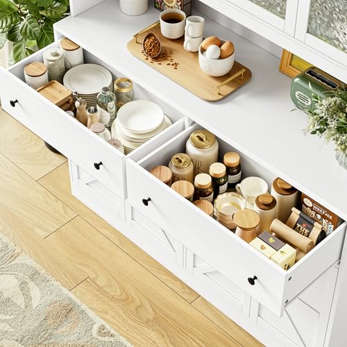 Image of FINETONES 71 inch Pantry Cabinet with LED Light and Charging Station, Farmhouse Kitchen Pantry Cabinet with Microwave Stand, 47.2 inch Wide Kitchen Hutch Food Pantry with Open Countertop, White
