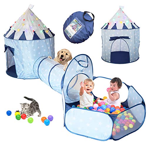 LimitlessFunN 4pc Kids Pop Up Play Tent, Crawl Tunnel, Ball Pit | Includes Star Lights & Carrying Case |, Children Indoor Castle Playhouse for Boys & Girls, Toddlers, 47