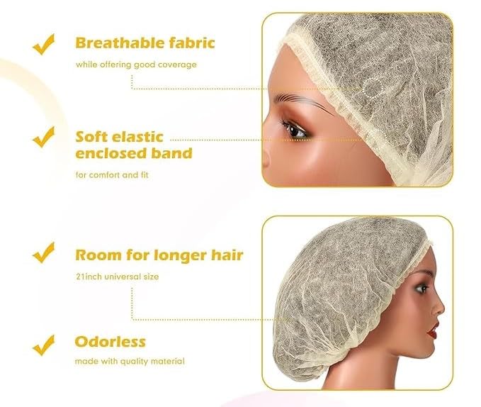 Image of KAUSTA Disposable Bouffant caps /Surgical Caps /Cooking Caps /Surgical Head Caps /Non Woven Head Caps, Pack Of 100pcs (18 inch) Medical Use Disposable Bouffant Caps Stretchable Hair Cover / Hair Net (Yellow)