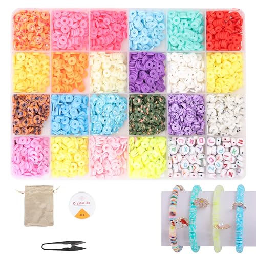 Image of ambitieux Diy Bracelet Making Kit - 6000+ Pcs 24 Colorful Clay Beads, 10M Elastic Thread, Jute Bag, And Cutter - Gift For Girls Birthdays (Clay Beads 1),Multicolor