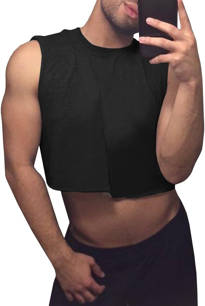 Karlywindow Men's Cropped Tank Top Solid Basic Sleeveless Crop Tops Shirts Black