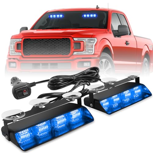 HLauto 2002L Emergency Dash Strobe Lights: Blue Safety Lights Flashing Warning Hazard Windshield Visor Traffic Light Bars for Trucks Construction Vehicles (2x8.5 inch 48LED)