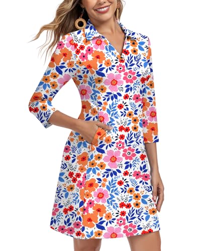 Image of WOWENY 3 /4 Sleeve Dress for Women with Pockets V Neck UPF 50+ Casual Sun Dress Breathable Quick Dry Beach Vacation