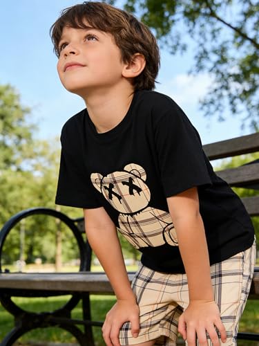 Image of KIDLAGA Kids Toddler Boy Clothes Outfits Bear Print Tee + Plaid Shorts 2 Pieces Summer Shorts Set